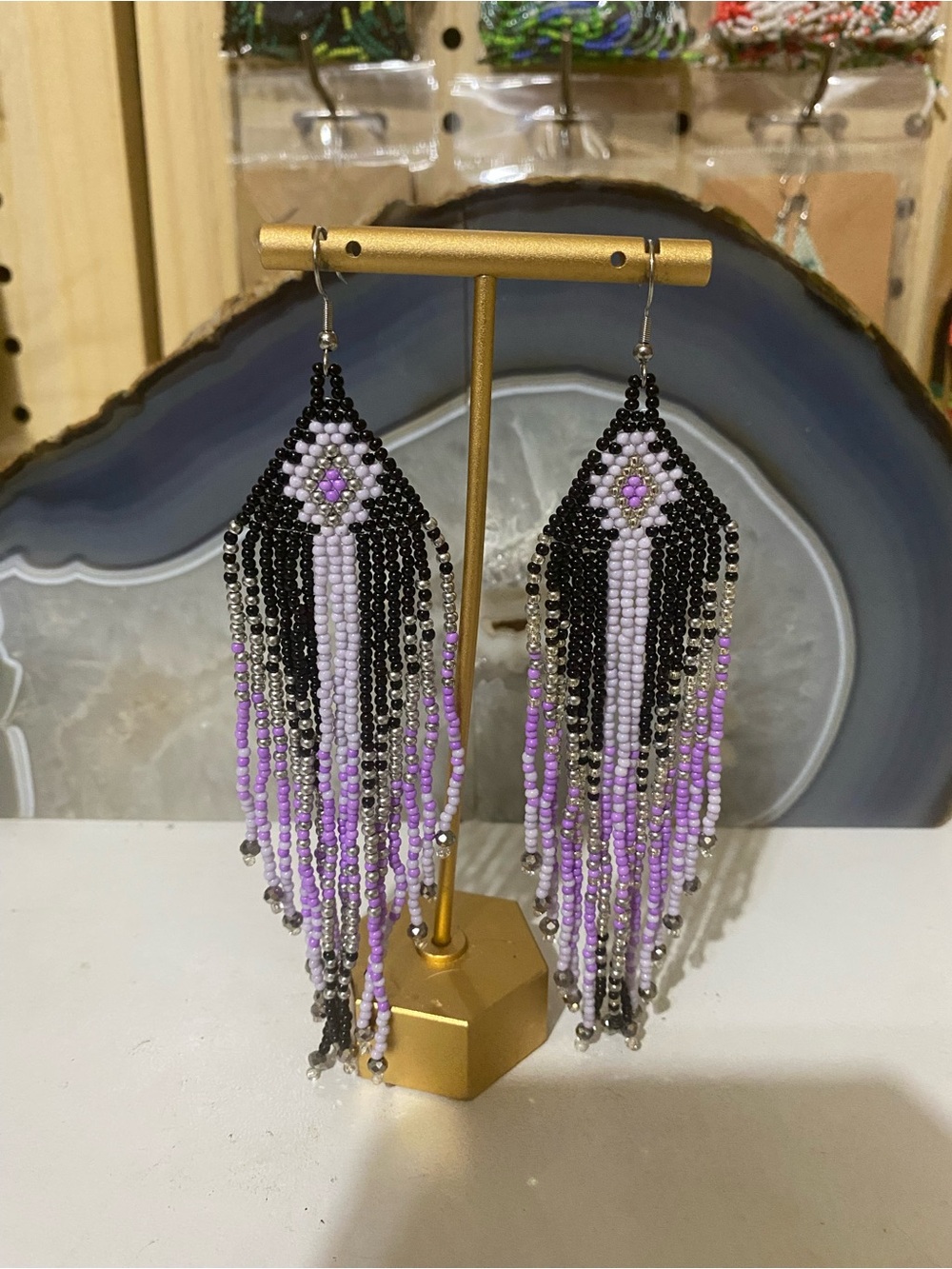Boho Beaded Fringe Earrings - Black & Lavender
